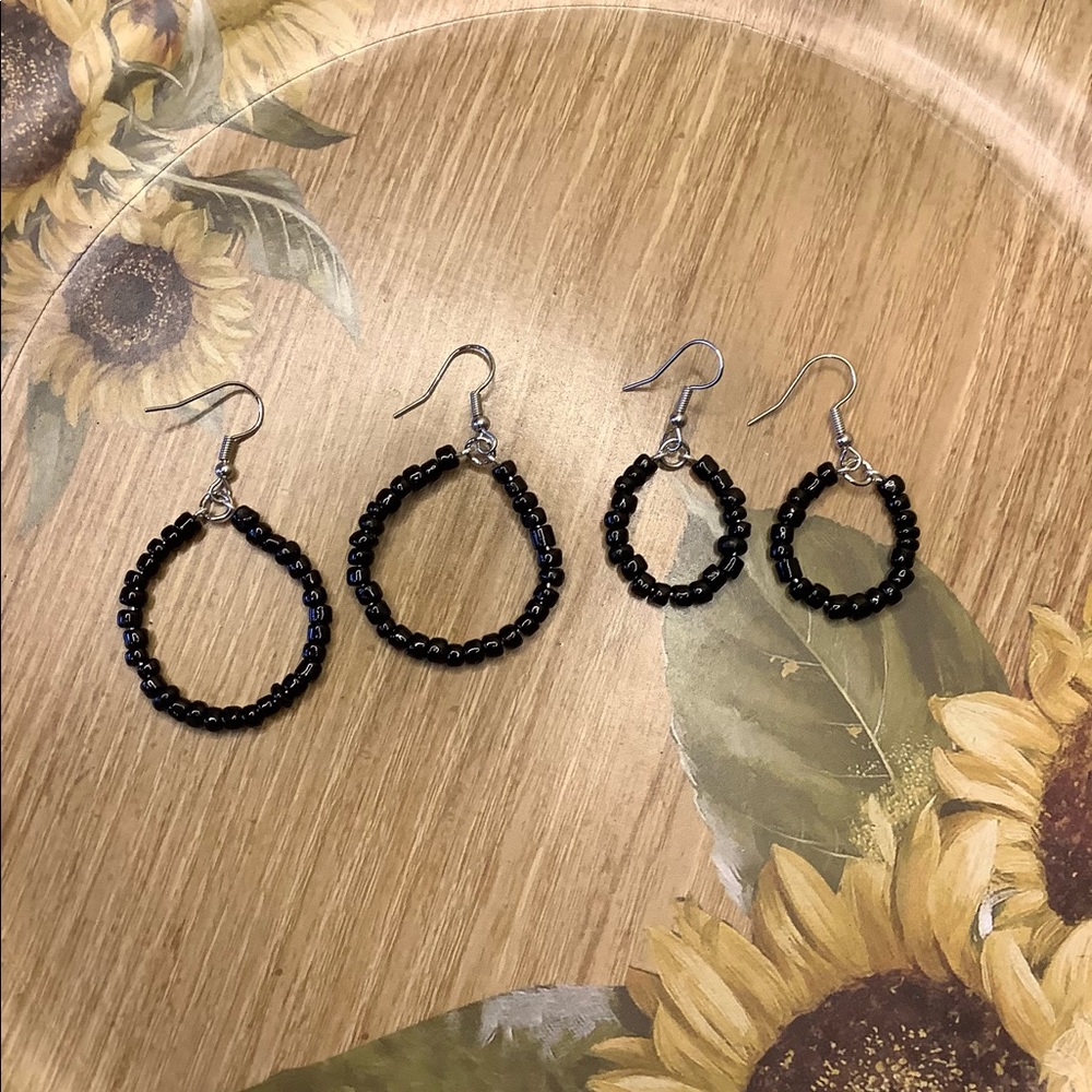 Black beaded hoop earrings dangle handmade